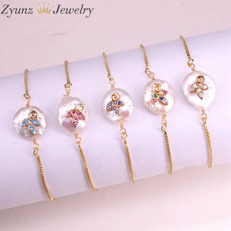 10 шт., разноцветный cz крошечный цветок защита Шарм пресноводный жемчуг бусины амулеты Изящные звенья браслет для женщин подарок