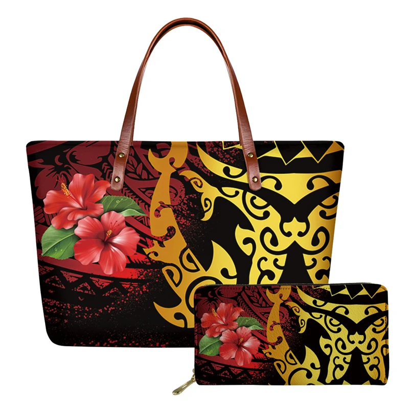 

New Shoulder Bags Wallet Set Luxury Lady Top-Handle Bag Polynesian Totem Flower Print Handbags&Purses For Women Bolsa Feminina