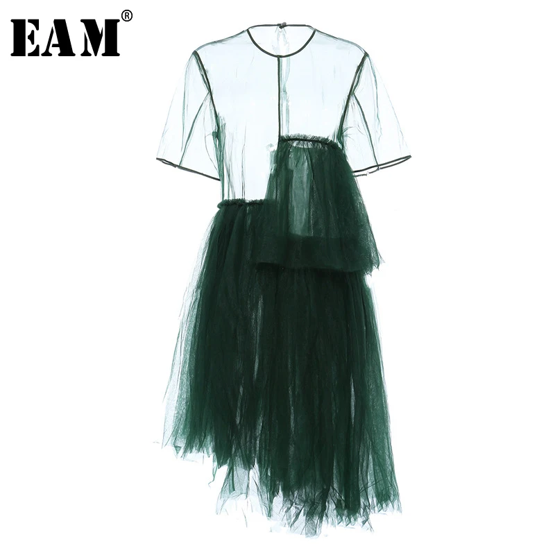 

[EAM] Women Green Asymmetrical Mesh Perspective Dress New Round Neck Short Sleeve Loose Fit Fashion Spring Summer 2020 1T136