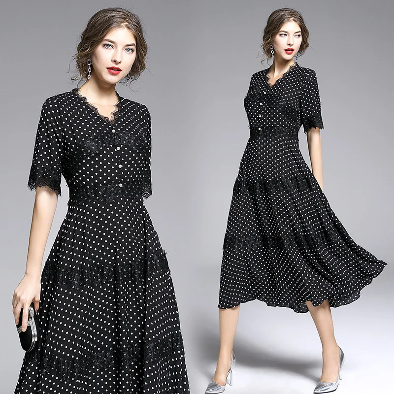 

Black And White Polkadot Dress Women's 2019 Summer New Style Medium-length Waist Hugging Joint Lace Dress 366