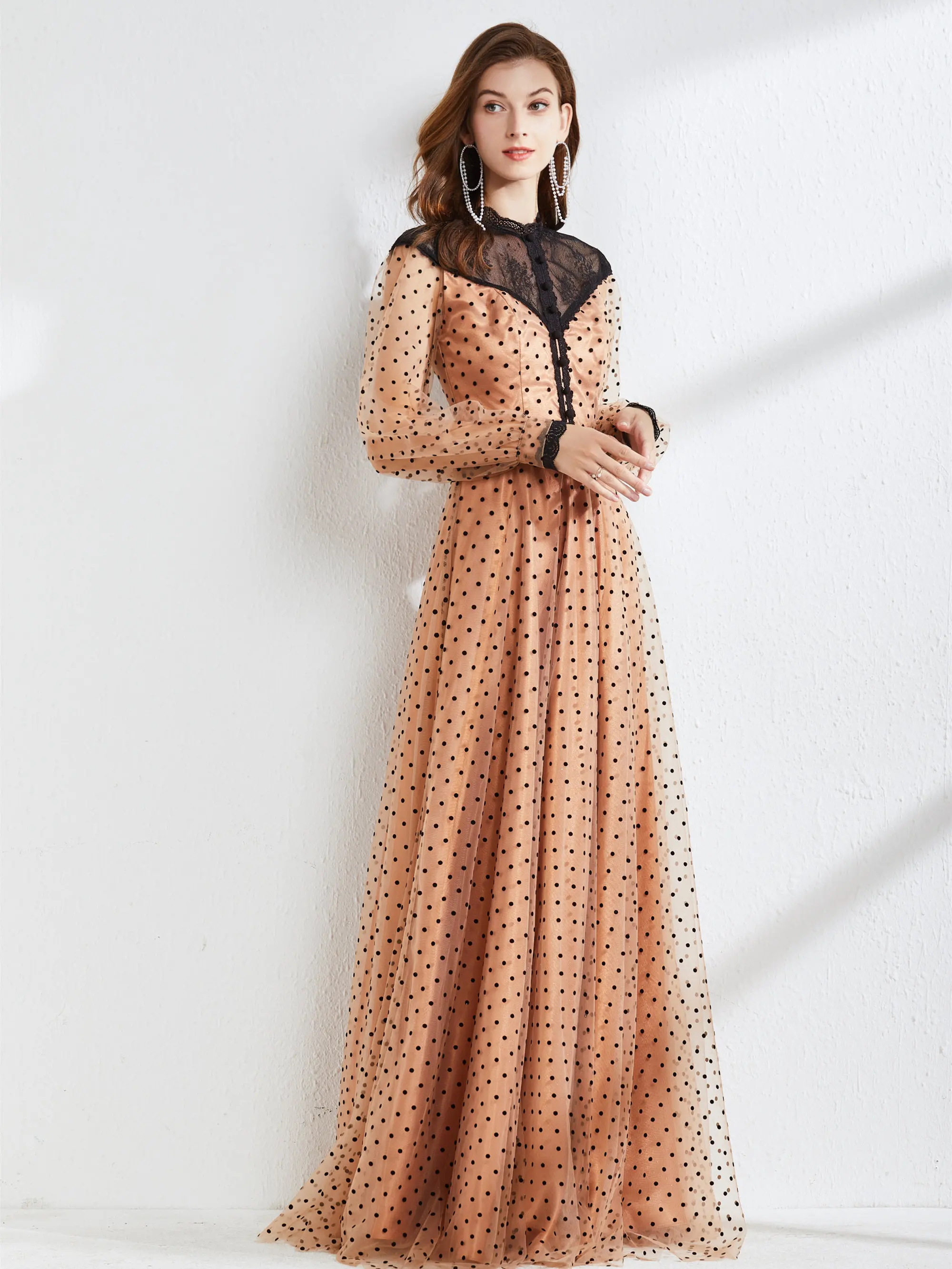 Autunno donna Polka Dot manica lunga Maxi vestito Boho signore Sexy scollo a V Slim abito lungo moda donna abito da laurea