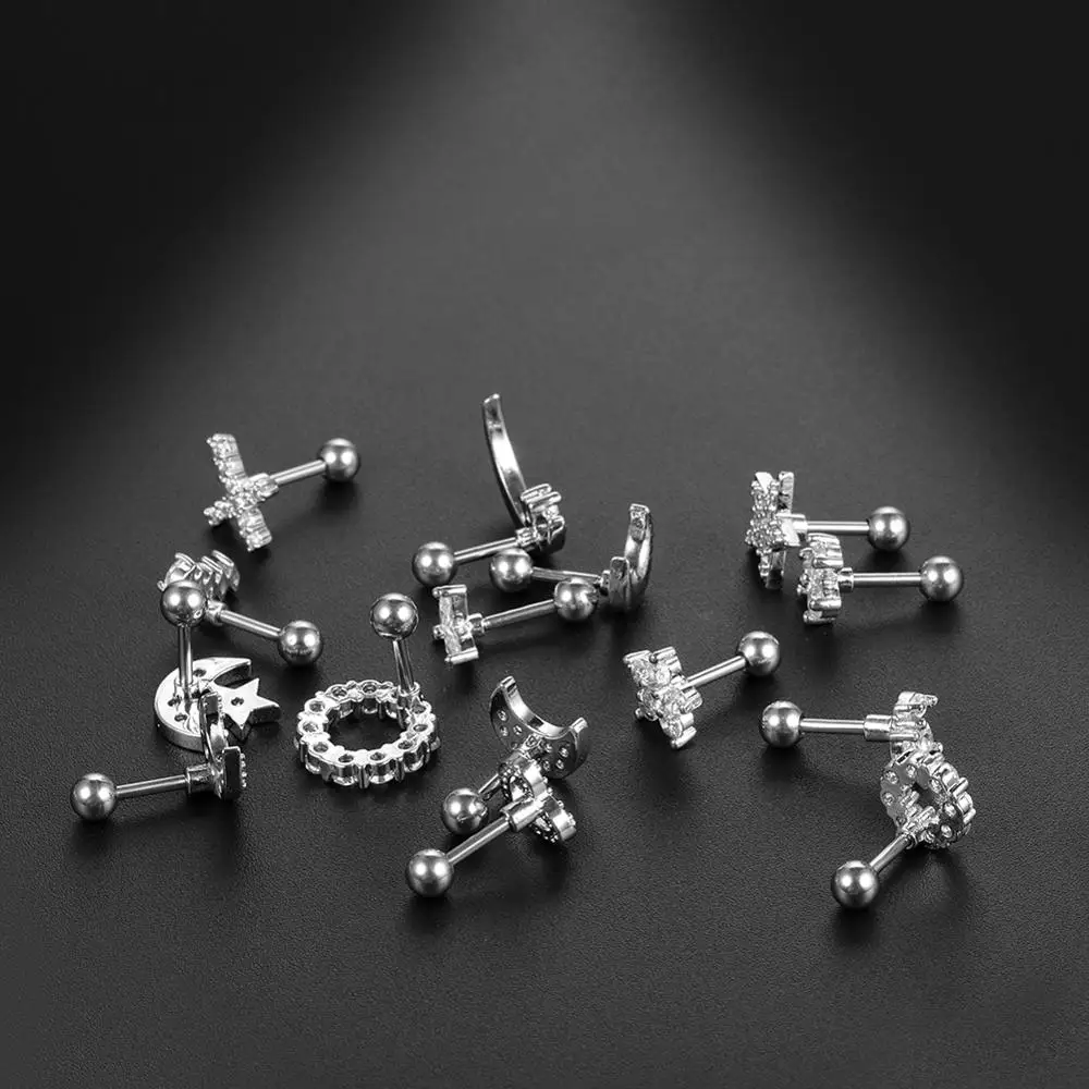 1PC 16G CZ Gem Cartilage Stud Moon Star Heart Cross Flower Crown Helix Tragus Piercings Conch Rook Stud Earring Piercing Jewelry