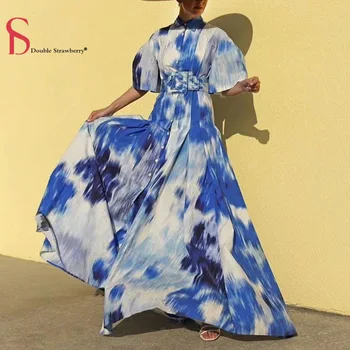 

DOUBLE STRAWBERRY Summer Long Dress Women Fashion Lapel Single-breasted Loose High Waist Was Thin Party Streetwear Print Dress