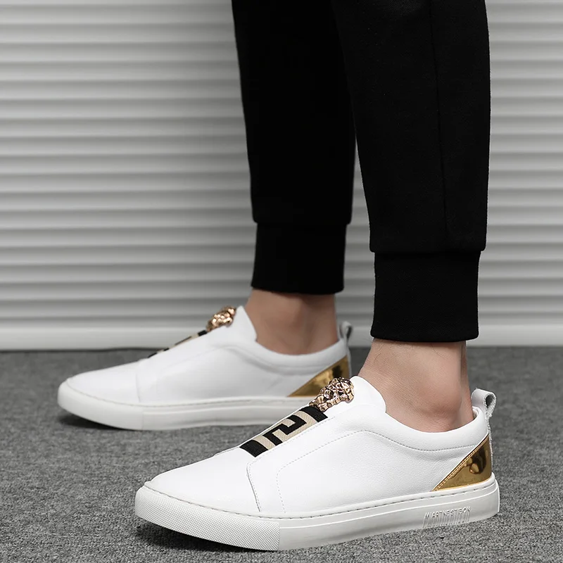 XINYIDA Genuine Leather Men Skateboarding Shoes Slip On Breathable Casual Jogging Shoes Thick Sole Increasing White Sneakers Men