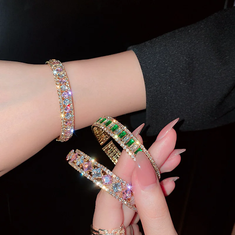 Geometric Zircon Bracelet & Bangles For Women Pink Green Crystal Cuff Bracelets Weddings Party Jewelry