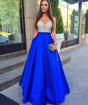 

Royal Blue Prom Dresses A-line Deep V-neck Tulle Beaded Backless Long Prom Gown Evening Dresses Evening Gown