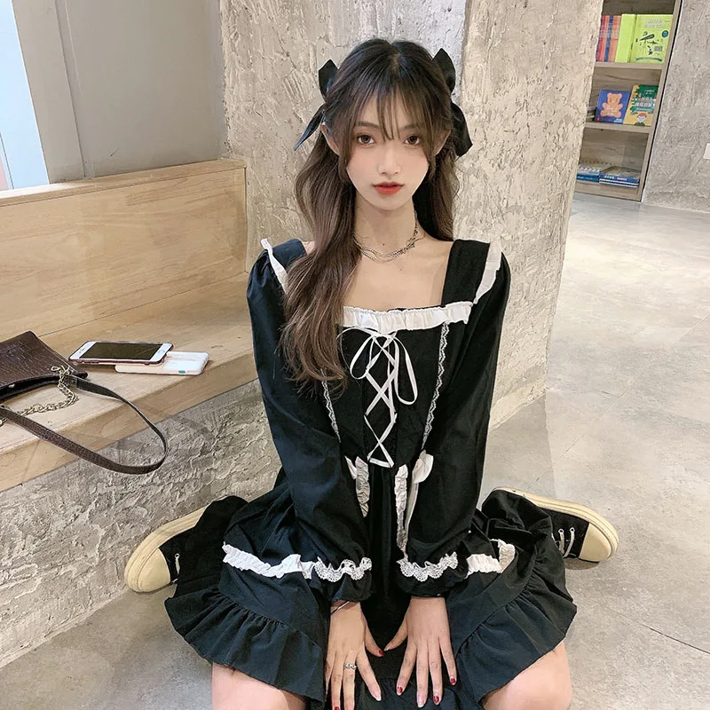 

Japanese Lolita Gothic Dress Black Skinny Belt Bowknot Japan Style Dress Patchwork Vintage Mini Kawaii Clothes Party for Women