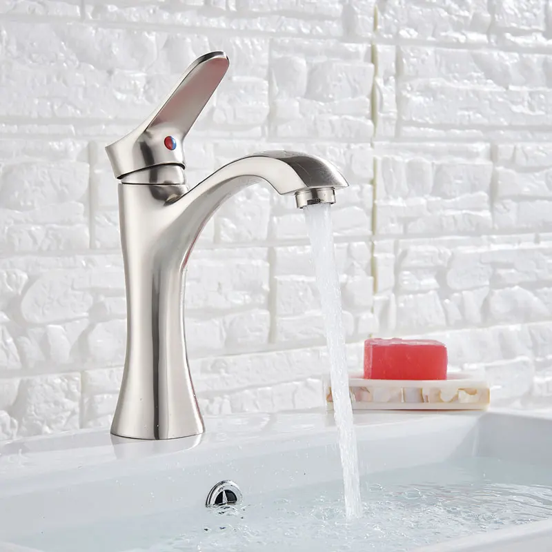 bruhsed nickel short Basin Faucet Deck Mounted Mixer Tap Hot and Cold Water Single Handle One Hole