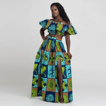 

Off Shoulder African Dresses for Women 2020 News Dashiki Print Party Ladies Bazin Ankera Robe 2 Pieces Womens Clothes Set Dress