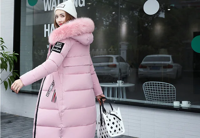 Новинка, зимняя женская пуховая парка с капюшоном, модная Толстая куртка с большим мехом на молнии, теплое длинное пальто, женская тонкая верхняя одежда C99801K