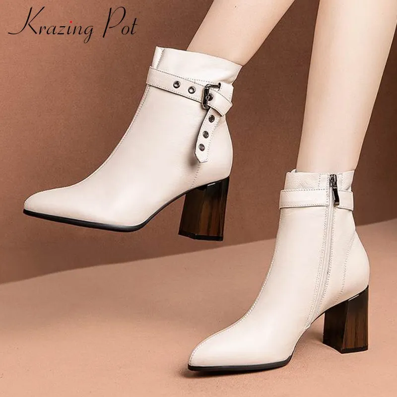 

krazing pot new genuine leather pointed toe office lady solid high heels winter fashion rivets buckle Zipper ankle boots L1f5