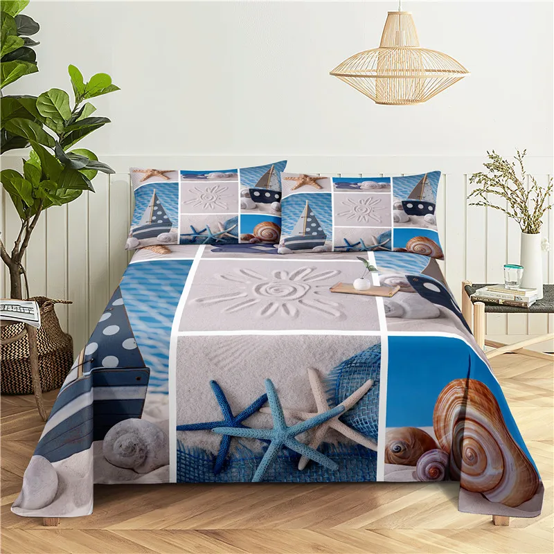 Beautiful Beach 0.9/1.2/1.5/1.8/2.0m Digital Printing Polyester Bed Flat Sheet With Pillowcase Print Bedding Set | Дом и сад