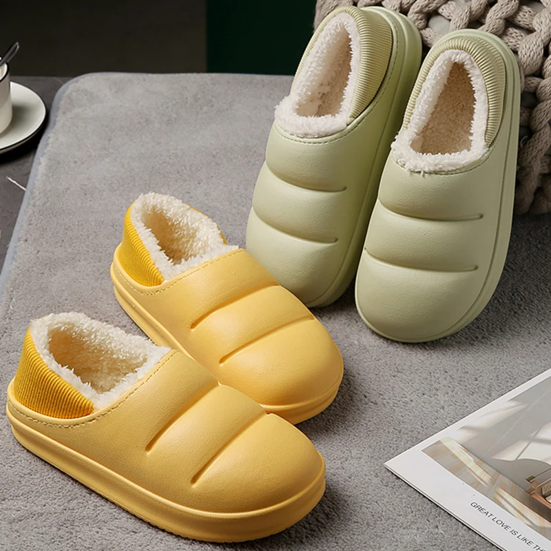 Winter Women Fur Slippers Waterproof Warm Plush Household Slides Indoor Home Thick Sole Footwear Non-Slip Solid Couple Sandals 1