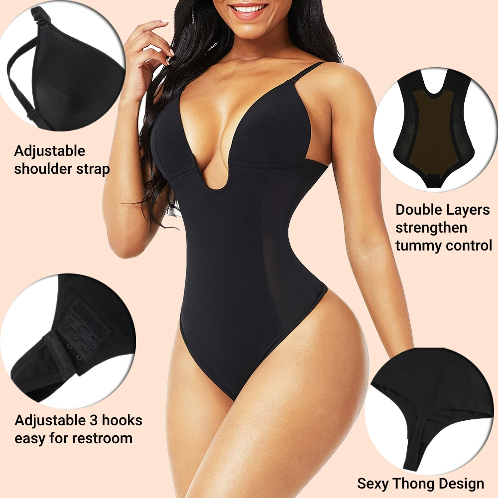 Fajas Colombianas Bodysuit Shapewear Deep V-Neck Body Shaper Backless U Plunge Thong Shapers Waist Trainer Push Up Women Corset