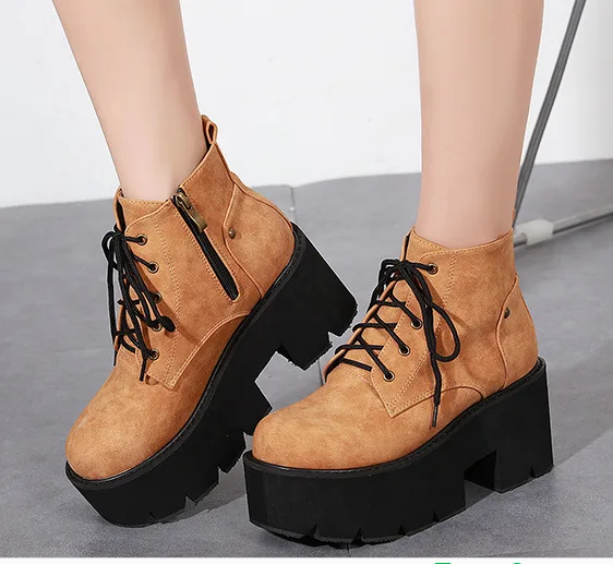 

Europe And America Autumn And Winter 2018 New Style Martin Boots Thick Bottomed Chunky-Heel Lace-up High Heel Boots 7693