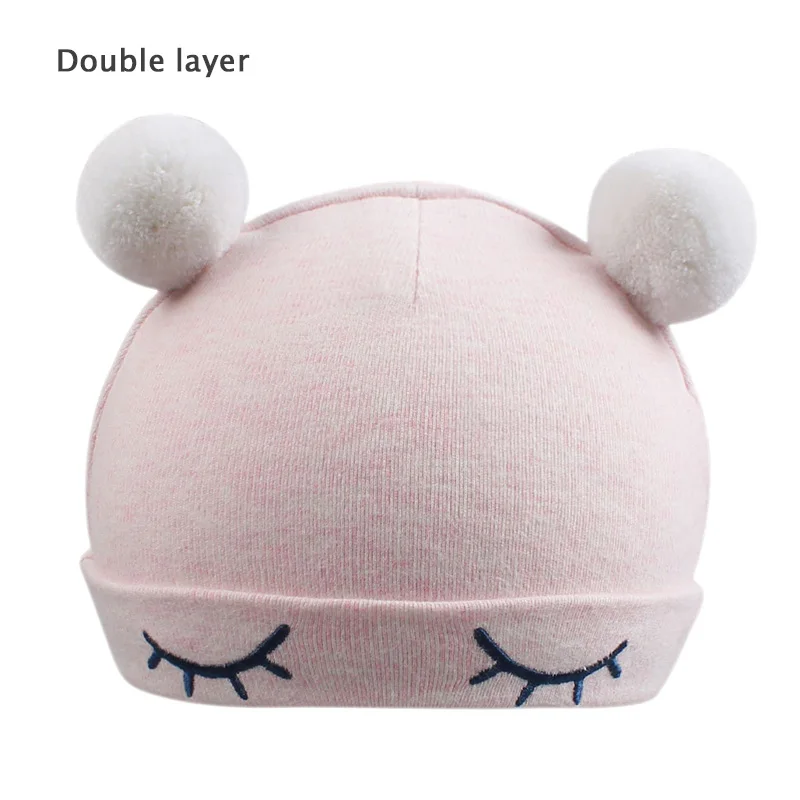 Милая шапочка для новорожденных; хлопковая однотонная шапка для новорожденных мальчиков; шапка с медвежьими ушками и кроличьими ушками для маленьких девочек; шапочка для новорожденных; сезон весна-лето - Цвет: Double Pink Ball