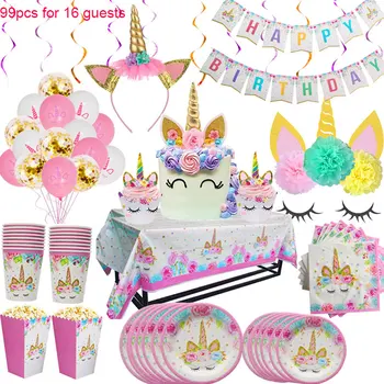 

Pink Series Unicorn Tableware Set Birthday Party Family Outdoor Portable Tableware Children's Favorite One-time Use