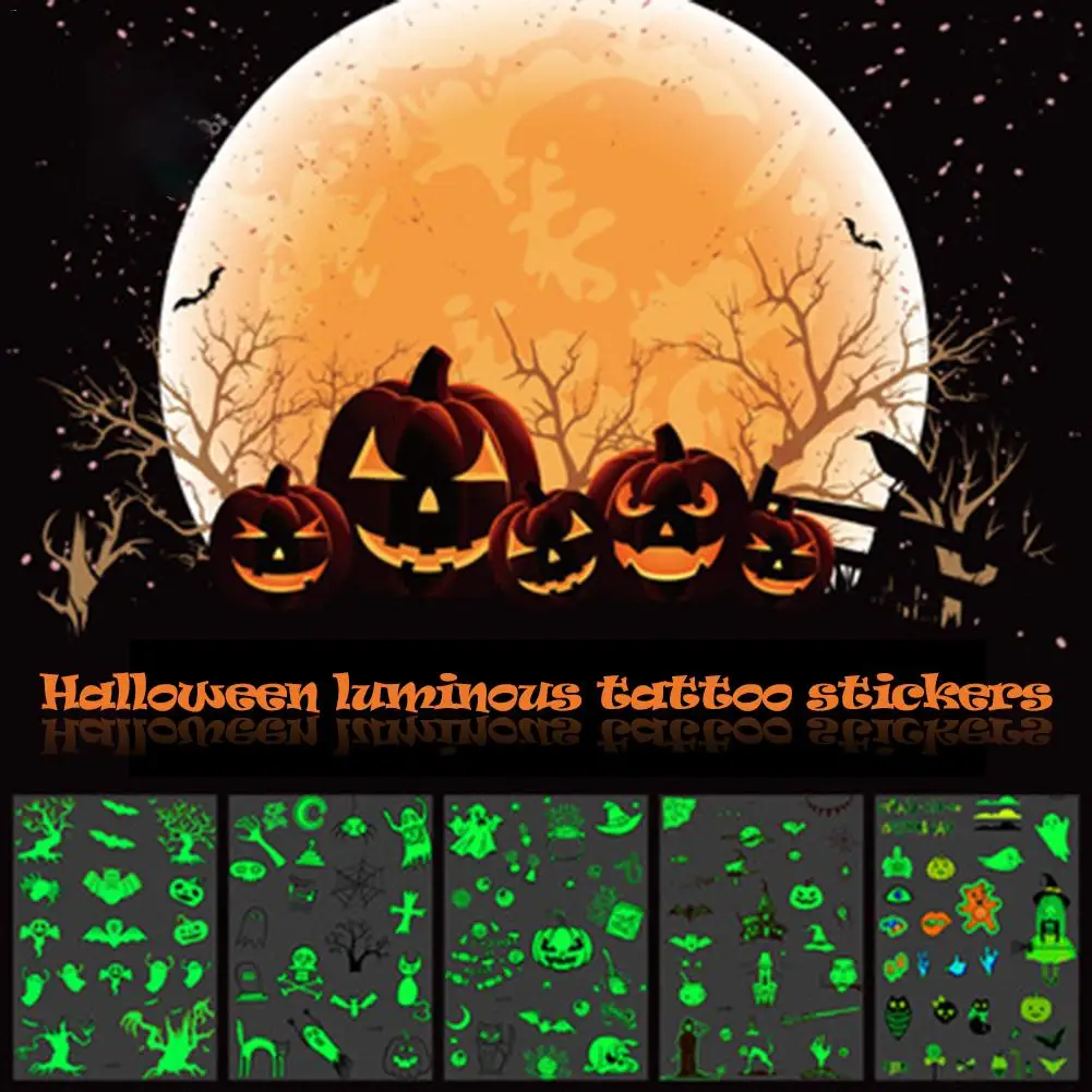 6PCS/Set Halloween Tattoo For Children Glowing Dark Taty Waterproof Fake Tatoo Luminous Tattoo Stickers Body Art Cartoon Tatto