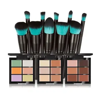 

BellyLady 6 Colors Concealer Palette Foundation Base Cream + 10pcs Black Handle Blue Head Makeup Brushes Cosmetic Tools