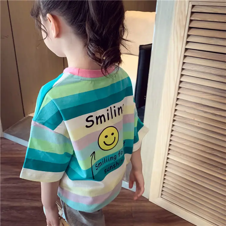 supreme shirt Girls short sleeve T-shirt summer smile face children's leisure half sleeve cotton t-shirts children's striped tees P5156 vintage t shirts