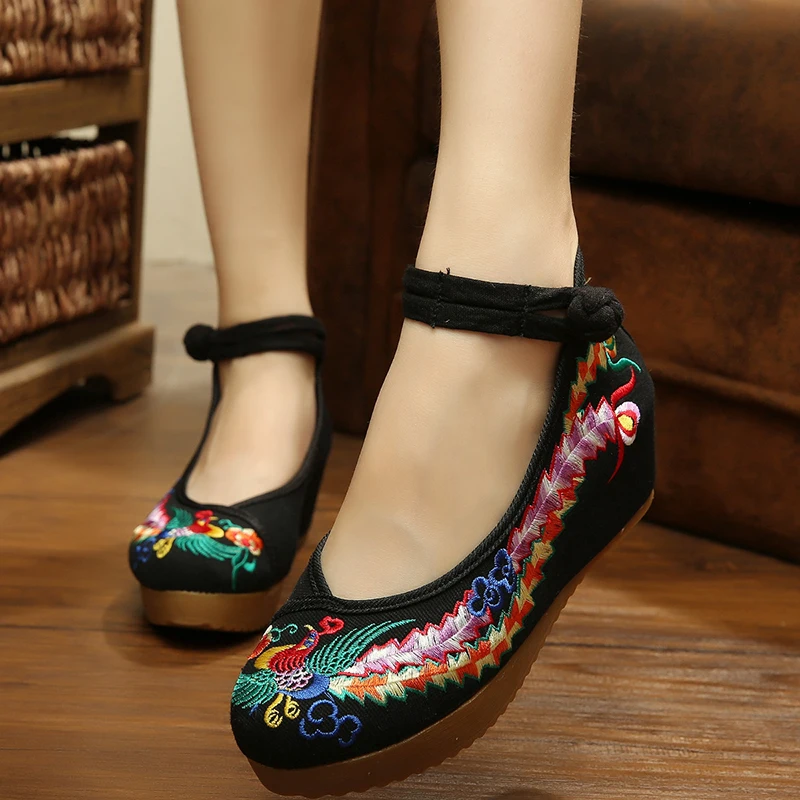

Chinese Style Women Canvas Hidden Platform Wedge Shoes 5CM Plum Flower Embroidered Vintage Ladies Casual Ankle Strap Shoes