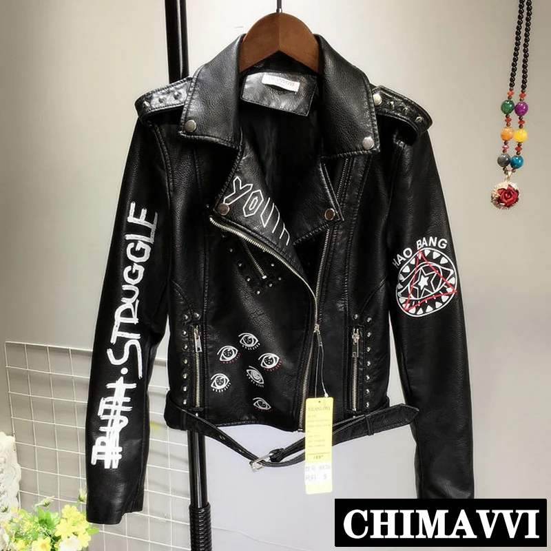 

2019 Spring and Autumn New Rivet Pu Leather Jacket Women's Motorcycle Coat Alphabet Print Black Leather Jacket Cool Short Coat