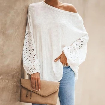 

Summer Hollow Out White Blouse Shirt Women Fashion Knitting Top Slash Neck Lantern Sleeve Female Blouses Tops