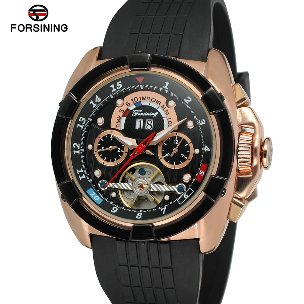 

FORSINING Top Brand Luxury Outdoor Sport Automatic Tourbillon Mechanical Watch Men Calendar Silicone Strap Creative Mens Watches