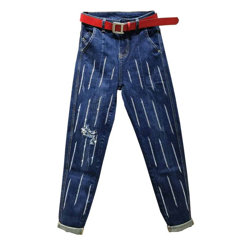 Вертикальные полосы Горячие бурения отверстие маленькие шаровары Осенние новые женские свободные брюки с высокой талией