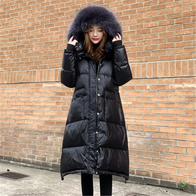real fur collar Новинка, женские зимние куртки-пуховики, парки, корейские большие размеры, черные пальто, модные свободные длинные пальто с капюшоном и большим меховым воротником, v1005 - Цвет: real fur collar