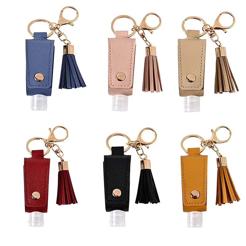 

Hand Sanitizer Bottle with Tassel Keychain 30ML Portable Empty Reusable Bottle PU Leather Key Chains Holder Carriers