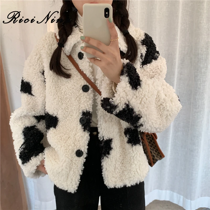 

RICININA Womens Coats Winter Warm Jackrts Buttons Pockets Cow Print Woolen Women Coat Long Sleeve Jacket Woman Casual Outwear