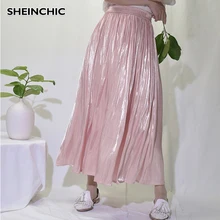 Новинка, Корейская весенне-летняя Женская длинная юбка с жемчужным блеском, винтажная однотонная повседневная юбка с высокой талией для женщин, Saia Faldas