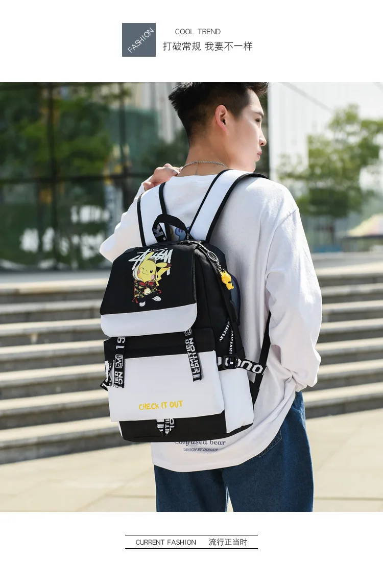 Action Large Pikachu Backpack with USB Charge Line Student Schoolbag Cute Cartoon Pikachu Couple Bags Quality Canvas Bag Gift