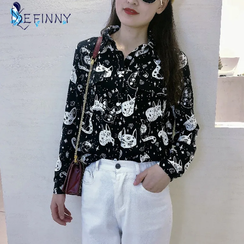 Women Shirt Cat Pattern Printed Personality Tops and Blouses Fashion Office Lady Long Sleeve Clothes White Black 2