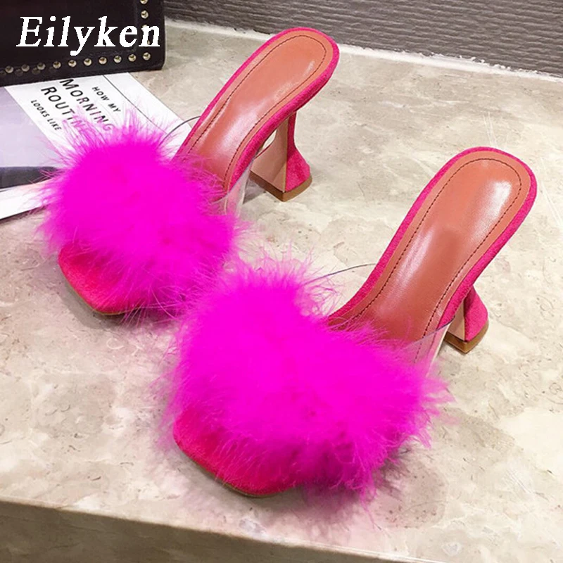 

Eilyken Feather High heels Fur Slippers Sandals Women Square toe Mules Lady Pumps Slides Size 35-41