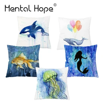 

Ocean Animal Printed Plush Cushion Cover Bird Owl Pattern Throw Pillow Cover Home Decor Decorative Square Pillowcase for Sofa