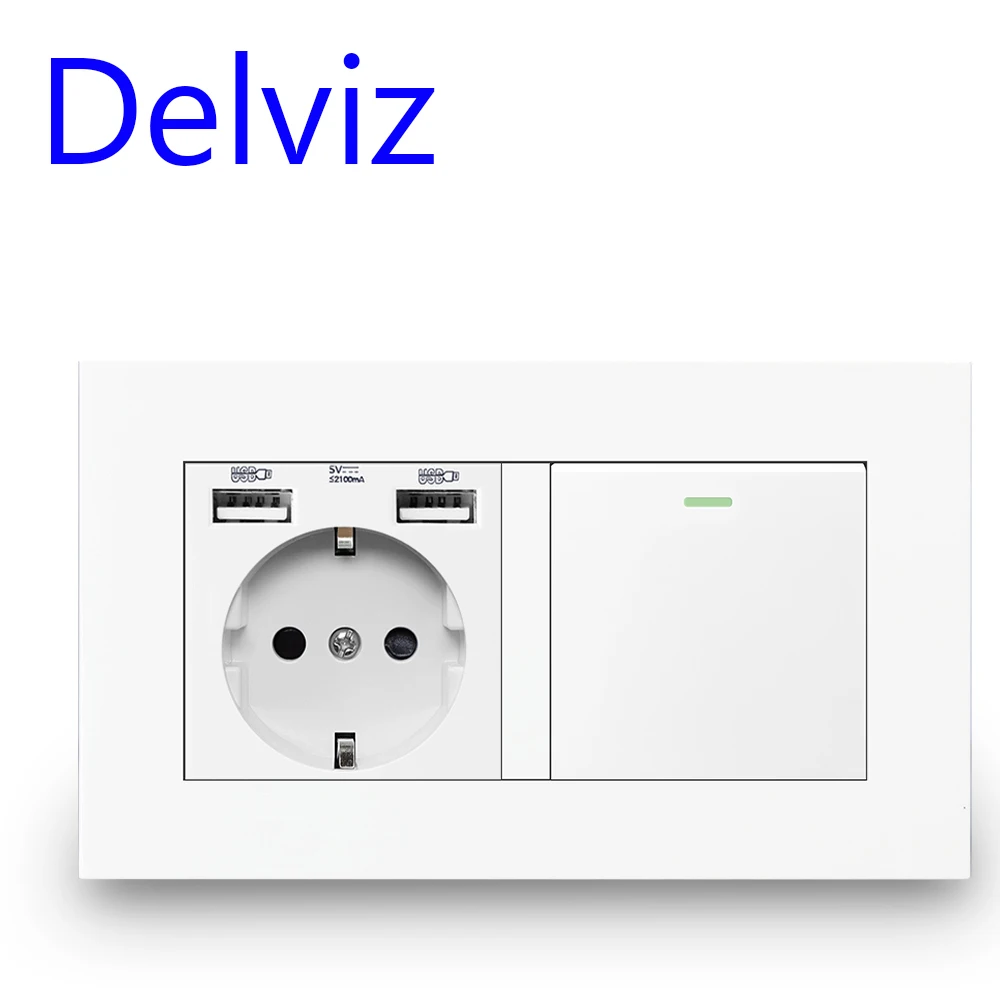 Delviz 침실 조명 스위치, 스위치가 있는 EU 듀얼 프레임 16A 전원 소켓, 흰색/검정색/회색 패널, 벽 USB 포트 전기 콘센트
