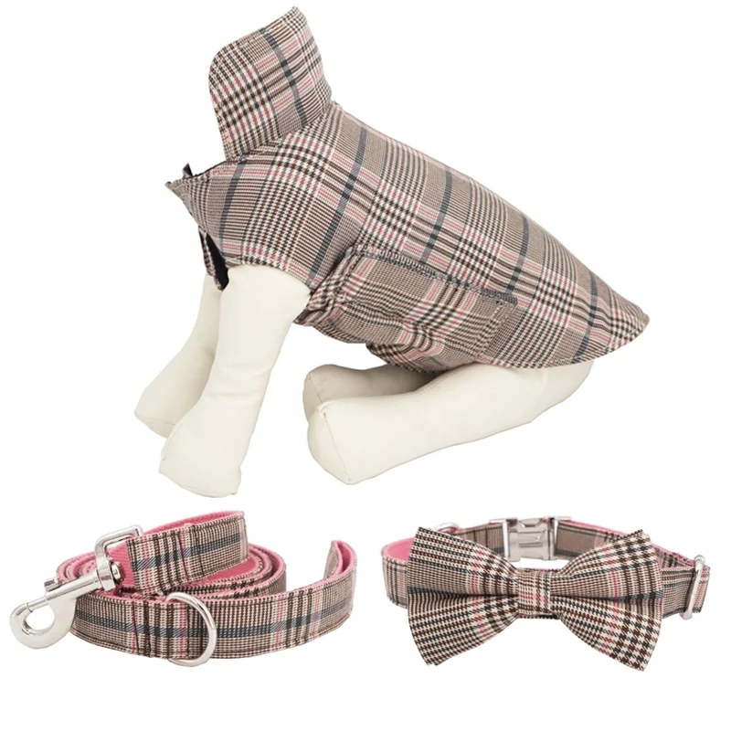 Classical Plaid Dog Bowtie Collar ,jacket With Matching Lead For Your