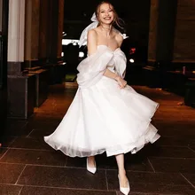 

Sevintage Vintage Wedding Dresses Off the Shoulder Lace Appliques Backless Tea-Length Wedding Gown Custom Made Bridal Dress