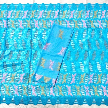 

5+2yards New arrival Blue african BAZIN riche fabric with Embroidery lace african Guinea Brocade cotton fabric 16L071370