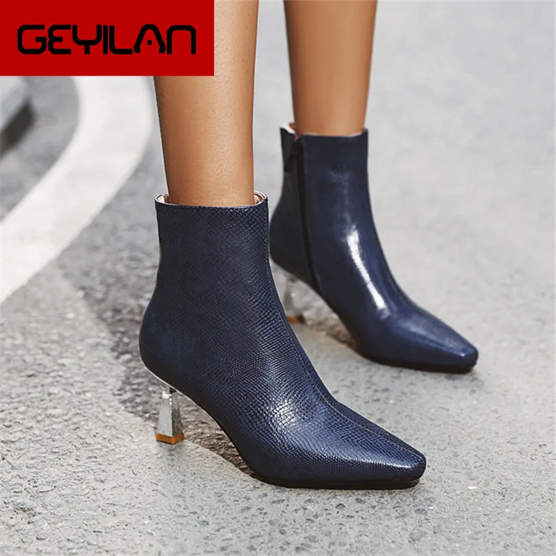 

2020 New PU Patent Leather Fashion Thin High Heel Zipper Ankle Boots Autumn Winter Pointed Toe Party Women Shoes Size 34-43