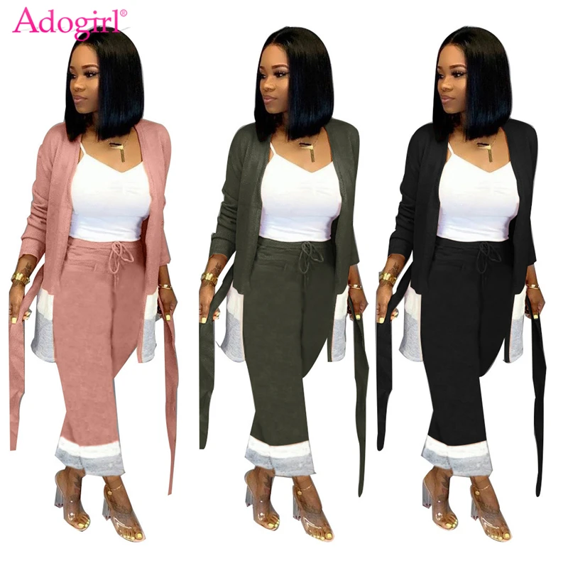 

Adogirl 2019 Autumn Winter Cashmere Two Piece Set Color Patchwork Long Sleeve Cardigan Coat with Sashes + Pants Women Suits