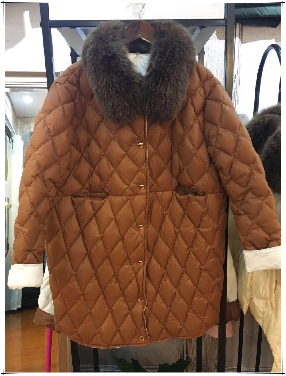 Зимнее женское пуховое пальто с воротником из натурального Лисьего меха, женская теплая куртка, парки черного, розового, коричневого, цвета слоновой кости, большие размеры