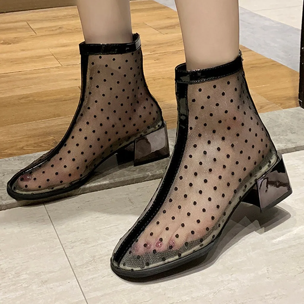 2019 Women's Ankle Boots Polka Dot Mesh Summer Autumn Lady Rome Style Short Boot Sexy Retro High Heel Shoes Breathable Classic | Обувь
