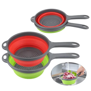 

Folding Strainers Fruit Vegetable Drain Baskets With Handle Retractable Silicone Fruit Vegetable Colander Kitchen Gadgets