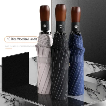 

New Fully-automatic Three Folding Umbrella Male Business Log Large Strong Frame Windproof Wooden Handle10Ribs Gentle paraguas