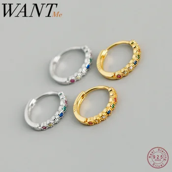 WANTME Minimalist Real 100% 925 Sterling Silver Round Color Crystal Zircon Stud Earring for Women Fine Wedding Jewelry Gift 2020