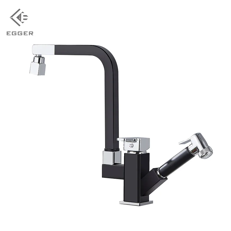 

EGGER Copper Kitchen Pull Black Spray Gun Faucet Multifunction Double Outlet Faucet Hot Cold Water Mixing Ceramic Spool Faucet