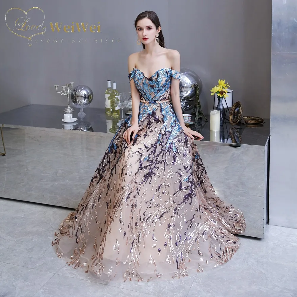 Contrast Color Prom Dresses Boat Neck A-Line  Off The Shoulder Sleeveless Floor Length Sequin Sash Evening Gowns Robes De Soirée windsor prom dresses